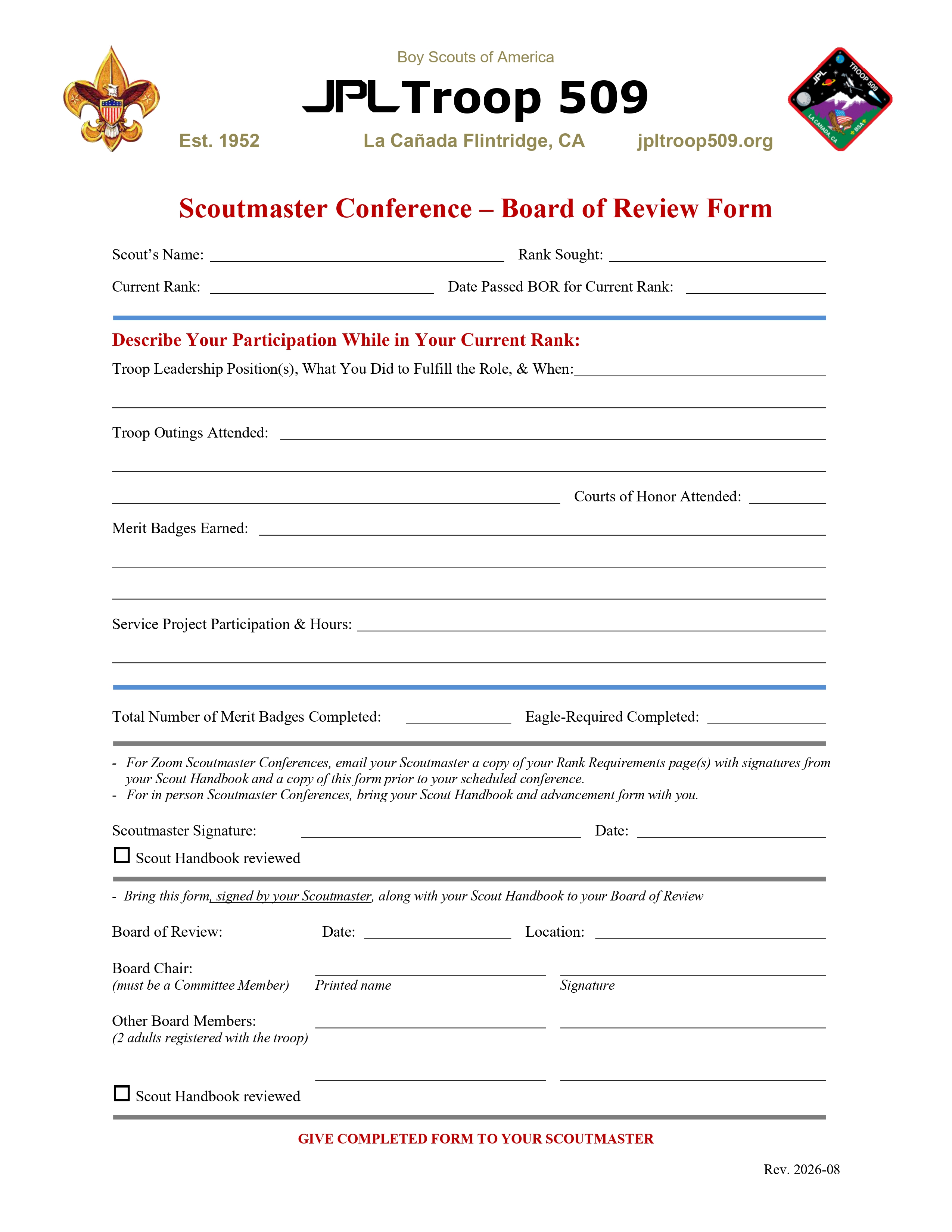 scoutmaster conference - board of review form